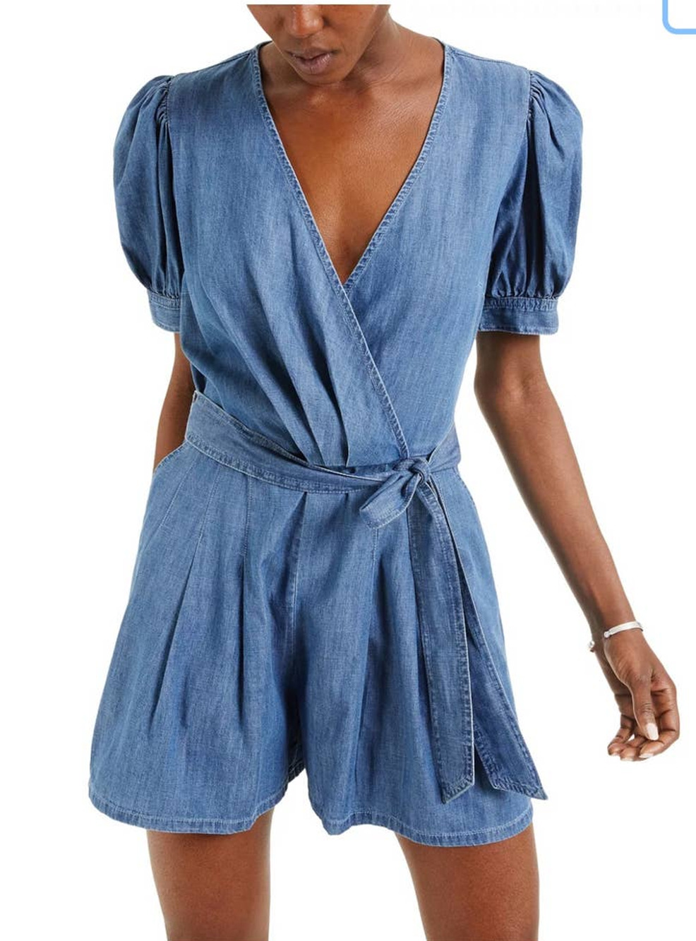 INC International Concepts Puff Sleeve Chambray Belted Romper - 2
